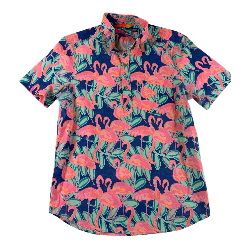 Chubbies Mens Flamingo Hawaiian Short Sleeve Half Button Shirt Pink Blue Size M